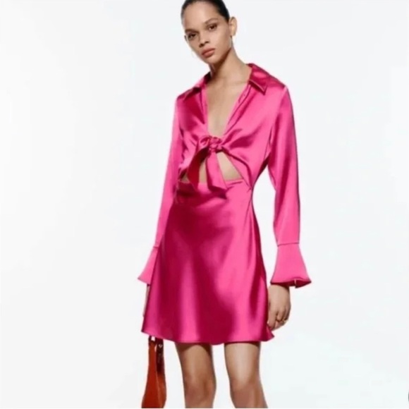 Zara Dresses & Skirts - 💞Final Sale 💞Zara Fuchsia Silk Dress with Bow detailing at the front
